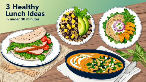 A vibrant and appetizing illustration of three healthy lunch ideas, each prepared in under 30 minutes, laid out on a clean, rustic wooden table or a natural fiber tablecloth, with a subtle gradient of fresh green and earthy tones in the background. Each dish is garnished with fresh herbs and vegetables, with visually appealing contrasts of colors, textures, and shapes. The first dish features a whole-grain pita stuffed with roasted turkey breast, crispy lettuce, juicy tomatoes, and creamy avocado slices. The second dish showcases a quinoa and black bean salad with diced mango, red onion, and a sprinkle of crumbled feta cheese. The third dish presents a steaming hot bowl of vegetable soup with a swirl of creamy hummus and a side of whole-grain crackers. The overall style is modern, fresh, and inviting, with bold lines, gentle shading, and subtle highlights.