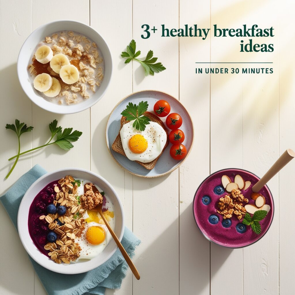 A vibrant and inviting illustration of three healthy breakfast ideas, each prepared in under 30 minutes, arranged on a clean and rustic wooden table, against a soft, creamy white background, with a few fresh green leaves and a sprinkle of morning sunlight casting a warm glow. The first breakfast idea features a bowl of oatmeal with sliced banana, honey, and a sprinkle of cinnamon, surrounded by a few fresh blueberries. The second showcases scrambled eggs with whole-grain toast, cherry tomatoes, and a sprinkle of fresh parsley on a small ceramic plate. The third displays a smoothie bowl with a blend of frozen berries, Greek yogurt, and spinach, topped with granola, sliced almonds, and a few fresh mint leaves, served in a tall glass with a wooden spoon and a straw. All ingredients are fresh, colorful, and arranged artfully, with a focus on natural textures and a minimalist aesthetic.